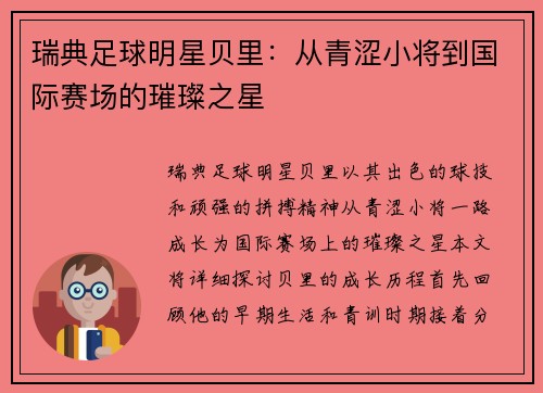 瑞典足球明星贝里：从青涩小将到国际赛场的璀璨之星